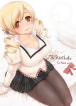  blonde_hair bow breasts cleavage cover cover_page doujin_cover drill_hair hair_ornament large_breasts mahou_shoujo_madoka_magica on_bed pantyhose plaid plaid_skirt pleated_skirt po_ni rating school_uniform sitting skirt smile solo tomoe_mami yellow_eyes 