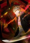  glowing glowing_eyes grey_hair houndstooth katana magatsu_izanagi male_focus narukami_yuu persona persona_4 school_uniform sunday31 sword weapon yellow_eyes 