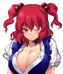  bad_id bad_pixiv_id breasts cleavage hair_bobbles hair_ornament hizuki_akira large_breasts one_eye_closed onozuka_komachi red_eyes red_hair simple_background solo touhou tsurime two_side_up upper_body white_background 