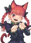  animal_ears braid cat_ears cat_tail extra_ears face fangs hands highres kaenbyou_rin multiple_tails nametake one_eye_closed open_mouth red_eyes red_hair solo tail teeth touhou twin_braids upper_body 