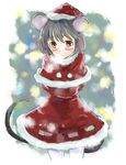  adapted_costume animal_ears arms_behind_back blush capelet grey_eyes hat highres mouse_ears mouse_tail nazrin red_capelet red_eyes santa_costume santa_hat sape_(saperon_black) short_hair solo tail touhou 