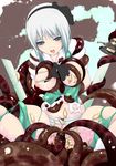  ahegao black_hairband blue_eyes breasts fucked_silly hair_ribbon hairband highres katori_(mocchidou) konpaku_youmu large_breasts nipples open_mouth panties pussy_juice rape ribbon short_hair silver_hair solo striped striped_panties sweat sword tentacles thick_thighs thighs torn_clothes touhou underwear vaginal weapon 