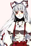  bad_id bad_pixiv_id bow face fujiwara_no_mokou hair_bow hair_ribbon hands_in_pockets long_hair long_sleeves looking_at_viewer pants red_eyes ribbon shirt silver_hair simple_background smile sofy solo suspenders touhou very_long_hair 