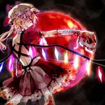  bandages blood fingernails flandre_scarlet from_behind full_moon glowing glowing_wings hat holding long_fingernails moon nozaki_tsubata outstretched_arm red_moon skull solo teenage touhou wings 