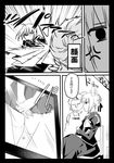  2boys ahoge artoria_pendragon_(all) beard comic downtown_no_gaki_no_tsukai_ya_arahende!! earrings facial_hair fate/zero fate_(series) futaba_hazuki gilgamesh greyscale jewelry monochrome multiple_boys ribbon rider_(fate/zero) saber skirt television translated 