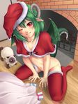  all_fours bad_id bad_pixiv_id bottomless box capelet cat clothes dragon_girl dragon_tail dragon_wings fingernails fireplace green_hair green_wings hat horn long_fingernails mochi.f monster_girl nail_polish no_bra no_panties no_pants one_eye_closed original pointy_ears red_legwear santa_hat sharp_fingernails short_hair sitting slit_pupils smile solo tail thighhighs wariza wings wooden_floor 