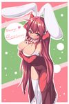  animal_ears between_breasts bow breasts bunny_ears christmas cleavage di_gi_charat dice dress hair_bow highres large_breasts long_hair red_eyes red_hair saiste side_slit smile solo thighhighs twintails usada_hikaru white_legwear 