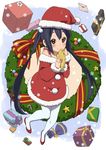  bare_shoulders black_hair blush bow brown_eyes candy candy_cane christmas errant food gift gloves hands_together hat holding holding_gloves k-on! letter long_hair looking_at_viewer love_letter nakano_azusa own_hands_together pantyhose santa_costume santa_hat smile solo twintails white_legwear wreath yellow_gloves 