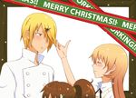  2girls blonde_hair brown_hair chef closed_eyes couple crow_(nichijou) hair_ornament hair_over_one_eye hairclip hetero long_hair multiple_girls natsu_(retoro76) ponytail satou_jun snowman taneshima_popura todoroki_yachiyo working!! 