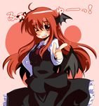  ;d bat_wings blush dress_shirt frills gin_(shioyude) hand_on_hip head_wings koakuma long_hair long_sleeves necktie one_eye_closed open_mouth pointing red_eyes red_hair red_neckwear ringed_eyes shirt skirt skirt_set smile solo touhou translated very_long_hair vest wings 