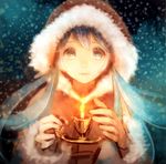  aqua_eyes aqua_hair candle christmas hatsune_miku hood long_hair snowing solo twintails urida vocaloid 