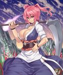  breasts cleavage coin dress ghost grass hair_bobbles hair_ornament highres holding houtengeki japanese_clothes large_breasts no_bra obi onozuka_komachi over_shoulder pink_hair plant red_eyes rock sash scythe short_hair short_sleeves side_slit sky smile solo touhou two_side_up weapon weapon_over_shoulder wristband 