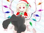  ascot bad_id bad_pixiv_id bell black_legwear blonde_hair capelet christmas collar dress fang feet flandre_scarlet hair_ribbon hat highres looking_at_viewer oouso open_mouth plaid plaid_background pov pov_feet red_eyes ribbon santa_costume santa_hat short_hair side_ponytail smile sock_dangle solo thighhighs touhou wings 