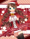  ao_ringo bell blush bow brown_hair christmas hair_bow hat long_hair original ribbon santa_costume solo thighhighs 