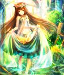  bare_shoulders barefoot breasts brown_hair cleavage colorful dress flower green_eyes head_wreath long_hair looking_at_viewer medium_breasts original ripples sakura_ani skirt_hold smile solo sundress very_long_hair water 