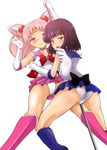  back_bow bad_id bad_pixiv_id bishoujo_senshi_sailor_moon black_bow blush boots bow cameltoe chibi_usa choker diadem gloves heart heart_choker highres holding holding_staff jack_(jackdou) knee_boots looking_at_viewer magical_girl multiple_girls naughty_face open_mouth panties pink_choker pink_footwear pink_hair pink_sailor_collar pole pole_dancing purple_eyes purple_footwear purple_sailor_collar purple_skirt red_eyes sailor_chibi_moon sailor_collar sailor_saturn sailor_senshi_uniform shiny shiny_skin skirt staff stripper_pole sweat tomoe_hotaru twintails underwear white_background white_gloves white_panties yuri 