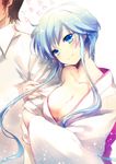  1girl arm_holding arm_hug blue_eyes blue_hair blush breasts cleavage collarbone head_tilt heart japanese_clothes jigoku_sensei_nube kimono large_breasts long_hair looking_at_viewer nueno_meisuke ria sidelocks sketch smile yukime_(jigoku_sensei_nube) 