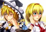  alice_margatroid aqua_eyes ascot blonde_hair blush braid capelet dress hair_ribbon hairband hat kirisame_marisa long_hair multiple_girls one_eye_closed pandora-ex puppet puppet_rings puppet_strings ribbon short_hair touhou yellow_eyes 