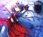  adapted_costume alternate_costume bad_id bad_pixiv_id birdcage blonde_hair blood bon cage chain colored_eyelashes dress flandre_scarlet hand_on_headwear hat lace lace-trimmed_thighhighs lying on_back on_floor red_eyes short_hair solo thighhighs tile_floor tiles touhou wings wrist_cuffs zettai_ryouiki 