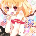  bad_id bad_pixiv_id black_legwear blonde_hair breasts candy cleavage fang flandre_scarlet food highres lollipop mike_(mikenekotei) no_hat no_headwear no_panties nude open_mouth ribbon short_hair side_ponytail small_breasts solo sweets thighhighs touhou wings 