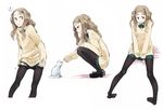  1girl blue_eyes brown_hair cat chibikko_(morihito) eyebrows loafers long_hair morihito original pantyhose pantyhose_pull shoes skirt speech_bubble spoken_exclamation_mark squatting sweater thick_eyebrows 