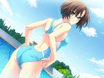  adjusting_clothes adjusting_swimsuit aneiro ass black_eyes blush brown_hair competition_swimsuit day dutch_angle game_cg glasses one-piece_swimsuit outdoors pool riv short_hair smile solo sumi_sayaka swimsuit water wet 
