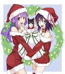  alternate_costume brown_eyes cat christmas facial_mark green_eyes hat highres john_doe_(yumekui_merry) lavender_hair long_hair merry_nightmare multiple_girls purple_hair santa_costume santa_hat short_hair tachibana_isana ushiki_yoshitaka yumekui_merry 