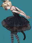  animal_ears arms_behind_back bangs bare_shoulders black_dress blonde_hair cat_ears cat_tail dress frills hair_intakes highres looking_at_viewer original pantyhose red_eyes ryuukeichi_andromeda short_dress short_hair simple_background sketch sleeveless solo strap_slip striped striped_legwear tail 