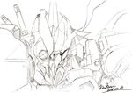  greyscale kem_kem looking_at_viewer mecha monochrome no_humans original signature simple_background sketch upper_body white_background 
