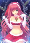  absurdres ahoge bare_shoulders between_breasts blue_eyes blush bow breasts choker christmas christmas_tree cleavage collarbone elbow_gloves gift gift_between_breasts gloves hat highres large_breasts long_hair looking_at_viewer midriff navel nishimata_aoi one_eye_closed open_mouth pointing red_hair santa_costume santa_hat sekai_seifuku_kanojo skirt snow snowing solo white_gloves yamino_yumeko 