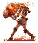  belt bloomers boots brown_eyes crshe_(ys) detached_sleeves fire full_body hammer knee_boots long_hair low-tied_long_hair michairu orange_(color) orange_sleeves red_hair sandals serious solo tattoo twintails underwear white_background ys ys_seven 
