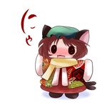  animal_ears blush brown_hair cat_ears cat_tail chen chibi fangs hat highres jacket multiple_tails open_mouth scarf short_hair sleeves_past_wrists solid_circle_eyes solo tail touhou yume_shokunin 