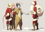  3boys anger_vein animal_costume antlers beard black_hair blonde_hair christmas closed_eyes collar facial_hair full_body gift hand_kiss haruno_sakura hat hatake_kakashi kiss leash multiple_boys naruto naruto_(series) oba-min pink_hair reindeer_antlers reindeer_costume santa_costume santa_hat scar seat uchiha_sasuke uzumaki_naruto white_hair 