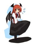  1girl :d bat_wings blush book dress_shirt gin_(shioyude) head_wings koakuma long_hair long_sleeves necktie open_mouth pantyhose red_eyes red_hair red_neckwear ringed_eyes shirt shoes skirt skirt_set smile solo standing standing_on_one_leg touhou v_arms very_long_hair wind wind_lift wings 