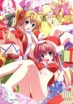  :d absurdres amano_hotaru bare_legs blonde_hair blue_eyes blush bra breasts christmas collaboration gift gloves hair_ornament hair_ribbon hairclip hat highres holding holding_gift leaning_back legs lingerie long_hair looking_at_viewer medium_breasts multiple_girls nanao_naru narumi_sakura open_mouth panties red_hair red_panties ribbon santa_costume santa_hat sideboob sitting smile supipara twintails underboob underwear yuuki_tatsuya 