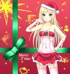  bad_id bad_pixiv_id bare_shoulders blonde_hair blue_eyes breasts christmas cleavage collarbone garter_straps gloves hand_on_hip hat long_hair looking_at_viewer merry_christmas morerin navel original santa_costume santa_hat see-through skirt small_breasts smile solo thighhighs white_gloves 
