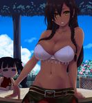  arm_support ballista_(sekaiju) bandeau bare_shoulders belt black_hair blue_eyes blue_sky bra braid breast_envy breasts brown_hair chair cleavage cloud collarbone dark_skin day earrings flat_chest grin jewelry large_breasts long_hair midriff monk_(sekaiju) multiple_girls navel sekaiju_no_meikyuu sekaiju_no_meikyuu_3 shade sitting skirt sky smile table takanashi tassel twin_braids twintails underwear yellow_eyes 