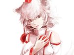  animal_ears detached_sleeves face grey_eyes hand_over_heart hands hat inubashiri_momiji lips ma_nyan_(nyao_mao_nyao) messy_hair pom_pom_(clothes) short_hair smile solo tail tokin_hat touhou white_hair wolf_ears wolf_tail 