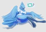  2019 ? anthro avian beak bird blue_eyes blush breasts butt claws clothed clothing digitigrade eyelashes feathers female grey_background neck_tuft panties presenting presenting_hindquarters scales shirt simple_background solo t-shirt tuft tweetfur twitter underwear velannal winged_arms wings 