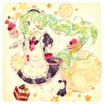  :q alternate_costume cake dress enmaided food green_hair hatsune_miku ice_cream imoi_(mizutama) kneeling long_hair maid maid_headdress necktie solo star sundae thighhighs tongue tongue_out traditional_media tray twintails very_long_hair vocaloid watercolor_(medium) 