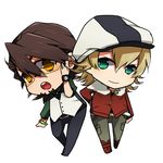  barnaby_brooks_jr bespectacled blonde_hair brown_eyes brown_hair cabbie_hat facial_hair glasses green_eyes hat jacket kaburagi_t_kotetsu lowres male_focus multiple_boys necktie stubble tiger_&amp;_bunny tukno vest waistcoat watch wristwatch 