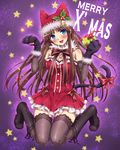 :3 animal_ears bad_id bad_pixiv_id bare_shoulders bell black_legwear blue_eyes blush boots bow braid breasts brown_hair cat_ears cat_paws cat_tail christmas cleavage cross-laced_footwear dress hair_bow hat head_tilt highres knee_boots kneeling lace lace-trimmed_thighhighs long_hair looking_at_viewer medium_breasts natsu_natsuna original paws santa_costume short_dress smile star tail thighhighs 