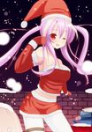  alternate_hairstyle animal_ears bad_id bad_pixiv_id bunny_ears chimunge hat highres long_hair midriff mittens navel one_eye_closed pantyhose pink_hair red_eyes reisen_udongein_inaba santa_costume santa_hat skirt solo touhou twintails white_legwear 