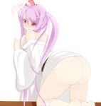 :t against_wall animal_ears ass bad_id bad_pixiv_id bare_shoulders bottomless bunny_ears chimunge japanese_clothes kneeling long_hair off_shoulder panties panties_around_one_leg pout purple_hair red_eyes reisen_udongein_inaba solo touhou underwear 
