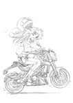  boots gloves greyscale ground_vehicle headwear_removed helmet helmet_removed highres isedaichi_ken jacket long_hair monochrome motor_vehicle motorcycle open_mouth original riding sketch solo sweatdrop 