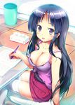  akiyama_mio areola_slip areolae bare_shoulders bed black_hair blush book breasts cleavage collarbone k-on! kashi large_breasts long_hair looking_at_viewer open_book open_mouth panties pen pillow purple_eyes sitting solo thighhighs tissue tissue_box trash_can underwear white_legwear white_panties 