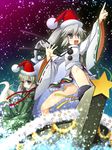  :d :o alternate_headwear arm_garter bare_legs belt blue_eyes blush boat chima_q christmas decorations dress ghost_tail green_dress green_hair grey_hair hat highres japanese_clothes kariginu long_sleeves mononobe_no_futo multiple_girls multiple_tails night night_sky open_mouth outstretched_hand panties pantyshot pointing pointing_up pom_pom_(clothes) ponytail sack santa_hat short_hair sky smile soga_no_tojiko star star_(sky) starry_sky tail touhou underwear water watercraft white_panties wide_sleeves 