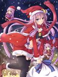  alternate_costume bell blush boots bow capelet chibi crescent garter_straps gift hair_bow hat long_hair multiple_girls multiple_persona navel open_mouth patchouli_knowledge purple_eyes purple_hair ram_hachimin sack santa_costume santa_hat skirt thighhighs touhou very_long_hair zettai_ryouiki 
