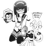  adapted_costume akemi_homura akemi_homura_(cosplay) blush braid camera celebi_ryousangata cosplay glasses greyscale hairband ichinose_ichino kyubey mahou_shoujo_madoka_magica make_a_contract miki_sayaka miki_sayaka_(cosplay) monochrome multiple_girls official_art parody seiza shibaura_shibako sitting skirt thighhighs tonnura-san translated twin_braids 