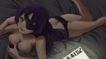  ass bare_legs black_panties breasts butt_crack buttons cleavage eyepatch large_breasts legs long_hair looking_at_viewer lying mirai_nikki murata_isshin on_stomach open_mouth panties purple_eyes purple_hair solo topless underwear underwear_only uryuu_minene 